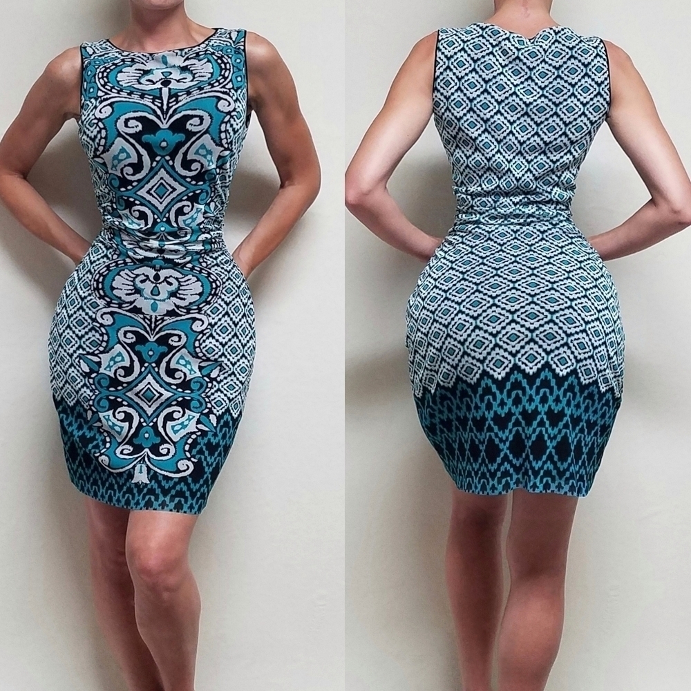 Vintage Kay Unger Teal Black Geometric Mesh Ruched Waist Raw Cut Mini Dress L